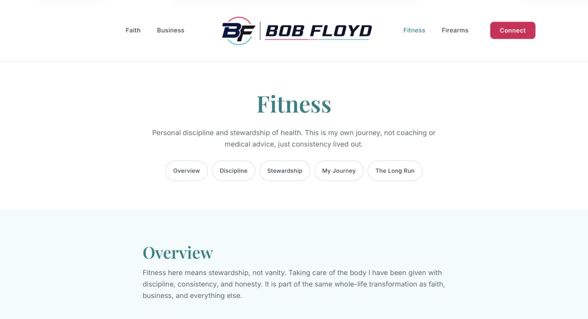 BobFloyd.com Fitness page showing its topic links and an overview block