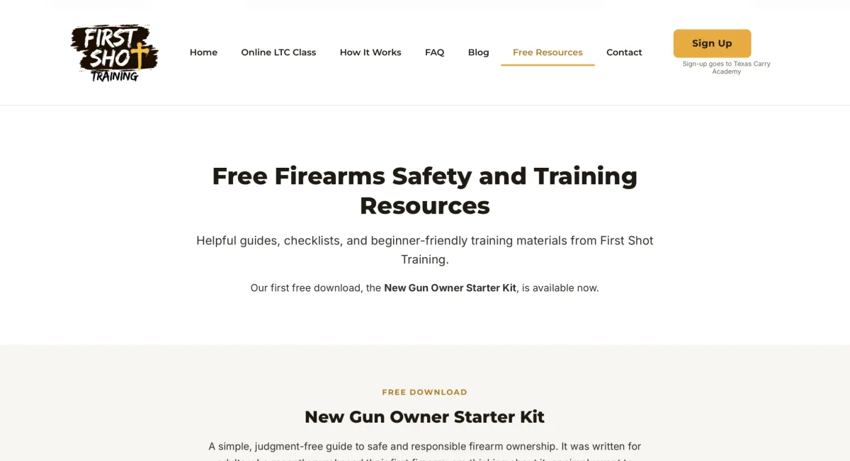 FirstShotTraining.com free resources page introducing the New Gun Owner Starter Kit download
