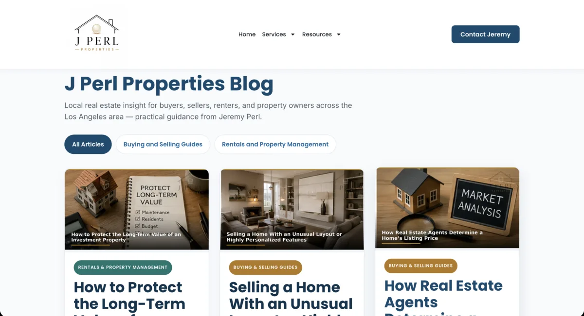 J Perl Properties blog index page with article category filters and article cards
